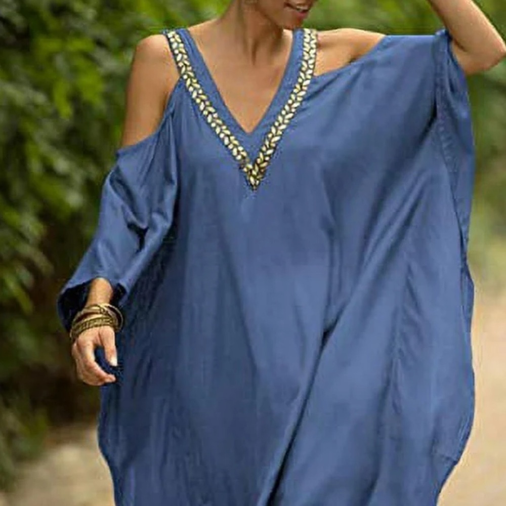 Blue Cold Shoulder Beach Coverup with Gold Embroidery Design